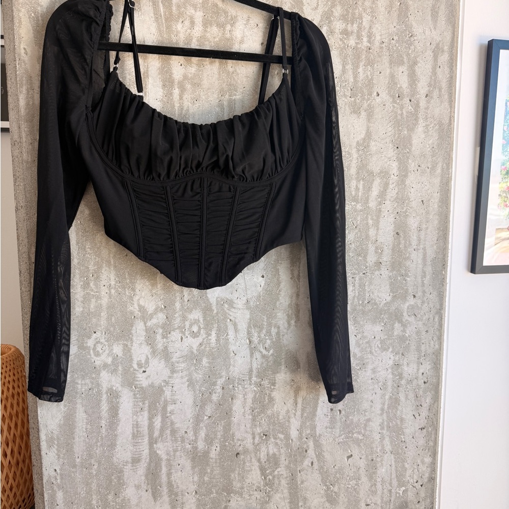 White Fox Boutique Black Corset Long Sleeve Mesh Top